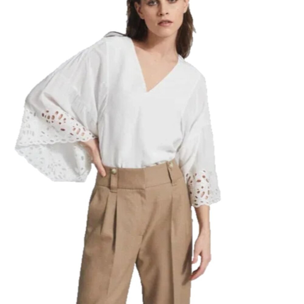 Reiss Cecile Embroidered Top Blouse Shirt Women Size 4 White Flared Sleeve